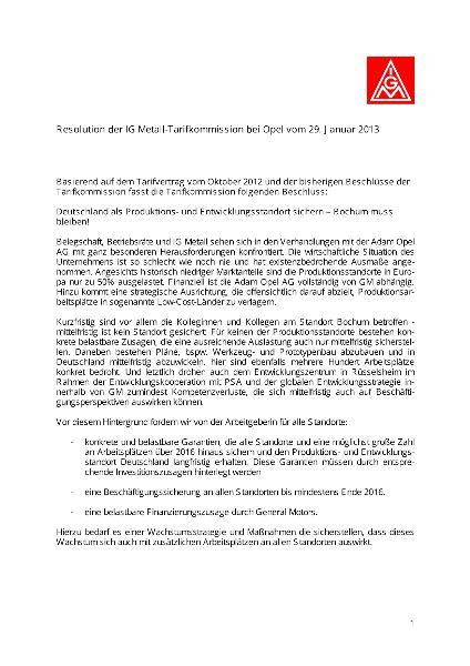 Resolution der IG Metall-Tarifkommission bei Opel vom 29. Januar 2013