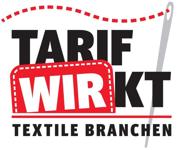 Logo 2023 Textil 'Tarif wirkt' Textile Branchen mit Nadel schwarz-rot