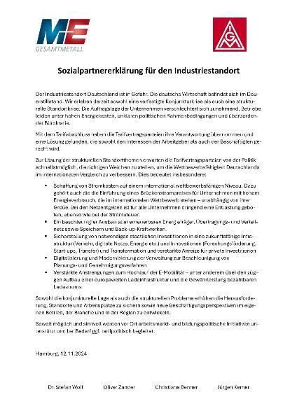 Sozialpartnererklärung für den Industriestandort