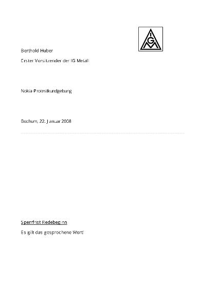 Berthold Huber: Nokia-Protestkundgebung, Bochum, 22. Januar 2008