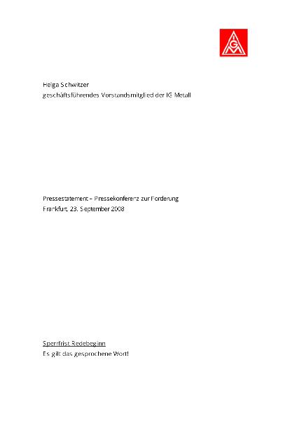 Pressestatement Helga Schwitzer zum Forderungsbeschluss am 23.09.2008