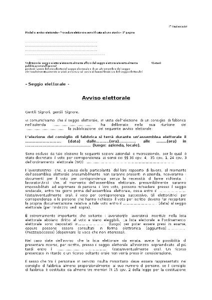 Modello: avviso elettorale – Procedura elettorale semplificata ad uno stadio, Wahlausschreiben zur vereinfachten einstufigen Betriebsratswahl, italienisch