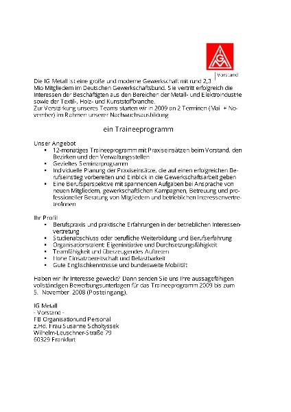 Ausschreibung IG Metall-Traineeprogramm 2009