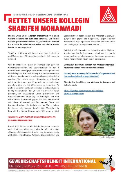 Rettet unsere Kollegin Sharifeh Mohammadi, Gewerkschaftsfreiheit international Nr. 9