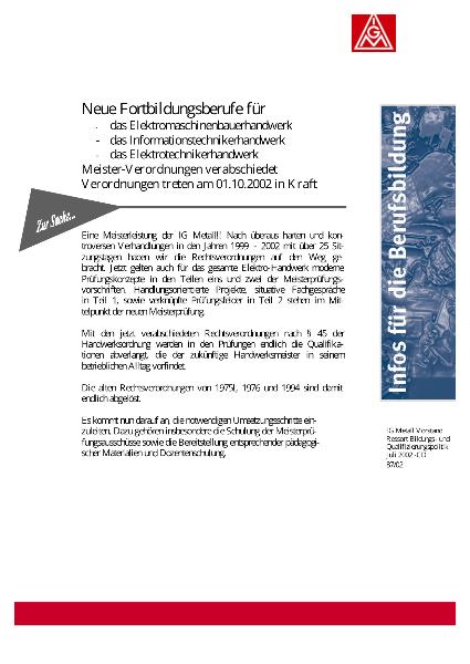 Informationen für die Berufsbildung: Elektromaschinenbaumeister/in