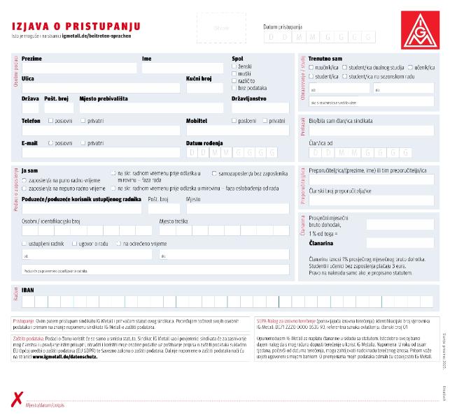 Editierbare IG Metall-Beitrittserklärung in kroatischer Sprache