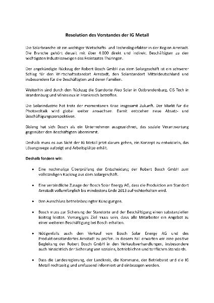 Bosch Solar - Resolution des Vorstandes der IG Metall