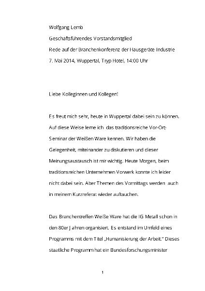 Wolfgang Lemb: Rede auf der Branchenkonferenz der Hausgeräte-Industrie