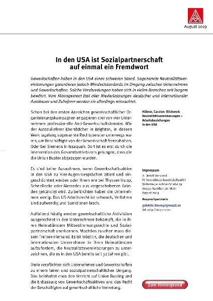 Stichwort: Neutralitätsvereinbarungen - Arbeitsbeziehungen in der USA | In den USA ist Sozialpartnerschaft auf einmal ein Fremdwort
