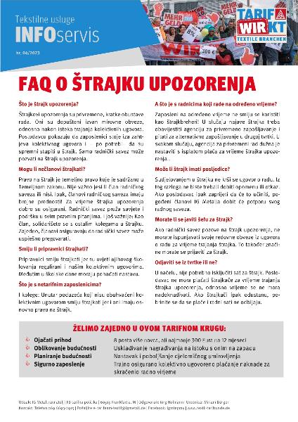 Warnstreik-FAQ, Infoservice Textile Dienste Nr. 4/2023, kroatisch