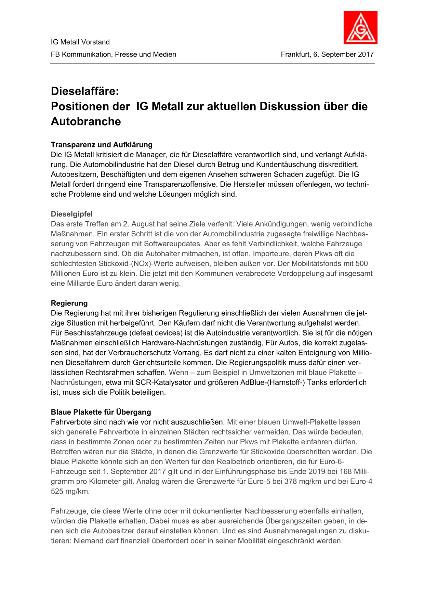 Faktenblatt zur Dieselaffäre: Positionen der IG Metall zur aktuellen Diskussion über die Autobranche