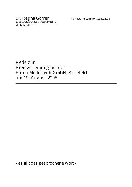 Regina Görner: Rede zur Preisverleihung bei der Firma Möllertech GmbH, Bielefeld,19. August 2008