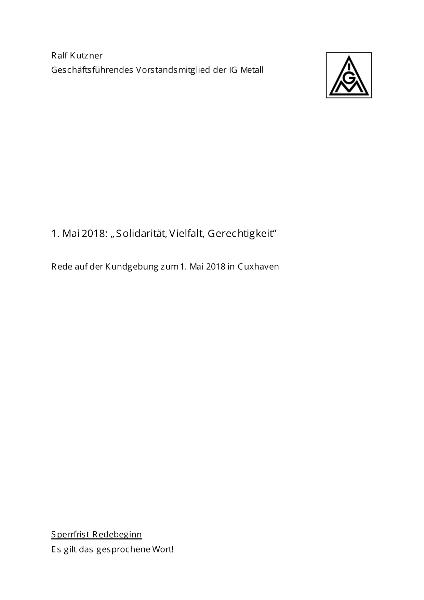 Ralf Kutzner: 1. Mai 2018 Solidarität, Vielfalt, Gerechtigkeit, Mairede, Cuxhaven