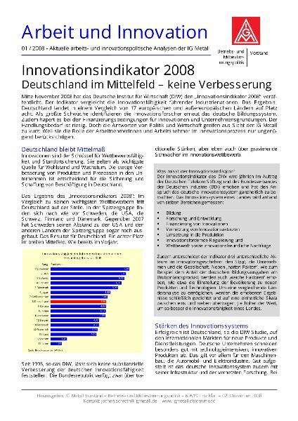 Arbeit und Innovation 01 / 2008: Innovationsindikator 2008: Deutschland im Mittelfeld - keine Verbesserung