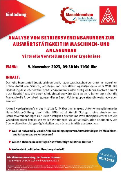 Einladung zur virtuellen Vorstellung der Analyseergebnisse von Betriebsvereinbarungen zu Auswärtstätigkeit im Maschinenbau