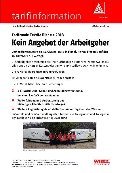 Kein Angebot der Arbeitgeber, tarifinformation für alle Beschäftigten Textile Dienste Oktober 2018/04