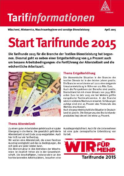 Start Tarifrunde 2015, Tarifinformationen Wäscherei, Mietservice,Waschraumhygiene und sonstige Dienstleistung, April 2015