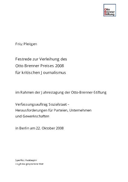 Fritz Pleitgen: Festrede zur Verleihung desOtto Brenner Preises 2008für kritischen Journalismus