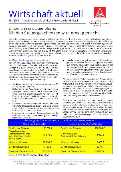 Wirtschaft aktuell 15/2006 Unternehmensteuerreform: Mit den Steuergeschenken wird ernst gemacht