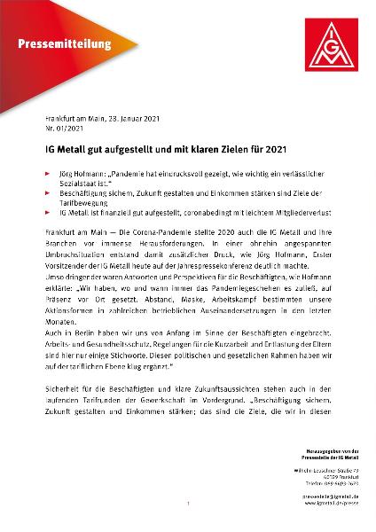 Pressemitteilung Jahrespressekonferenz, 28.1.2021, Frankfurt
