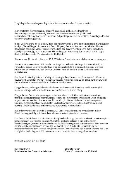 Tragfähige Gesprächsgrundlage zum Konzernumbau bei Siemens erzielt