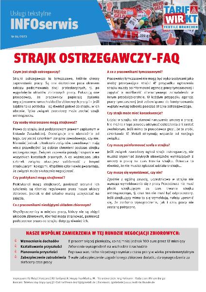 Warnstreik-FAQ, Infoservice Textile Dienste Nr. 4/2023, polnisch