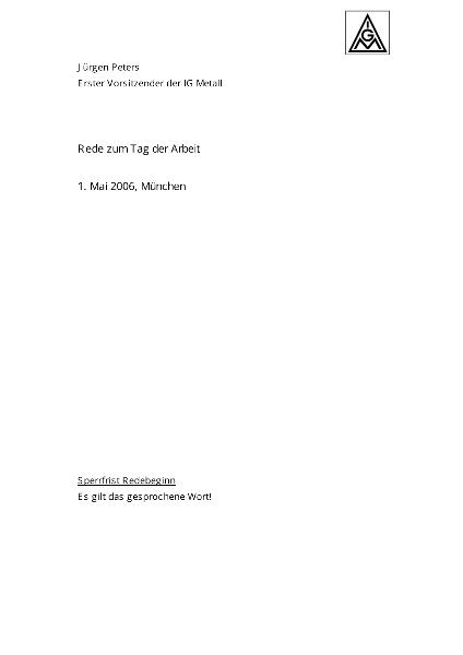 Jürgen Peters: Rede zum Tag der Arbeit am 01. Mai 2006 in München