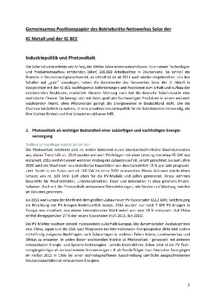 Gemeinsames Positionspapier des Betriebsräte-Netzwerkes Solar der IG Metall und der IG BCE, Februar 2016
