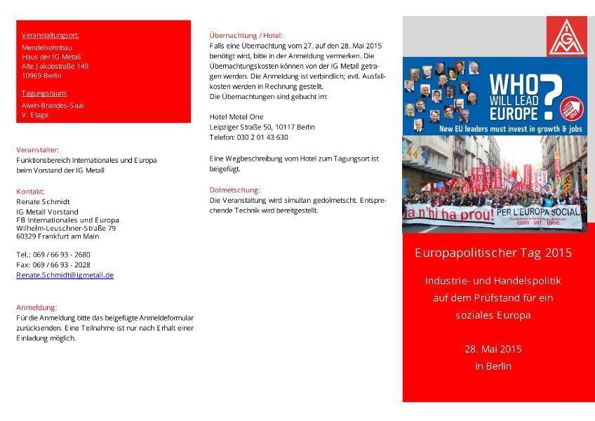 Programm Europapolitischer Tag - Industrie- und Handelspolitik auf dem Prüfstand für ein soziales Europa