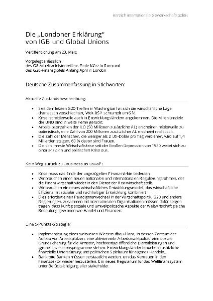 Die Londoner Erklärung von IGB und Global Unions, Kurzfassung