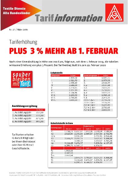 Tariferhöhung: Plus drei Prozent mehr ab 1. Februar 2019, Tarifinformation Nr. 01 / März 2019 (Version Alte Bundesländer)