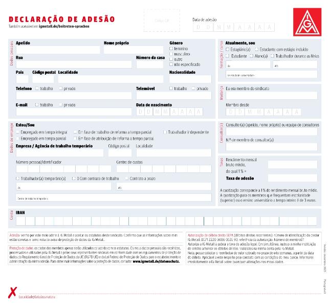 Editierbare IG Metall-Beitrittserklärung in portugiesischer Sprache