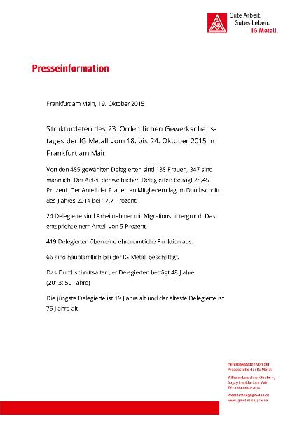 Presseinformation Strukturdaten des 23. Ordentlichen Gewerkschaftstages