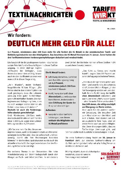 Wir fordern: Deutlich mehr Geld für alle! Textilnachrichten Nr. 1/2025