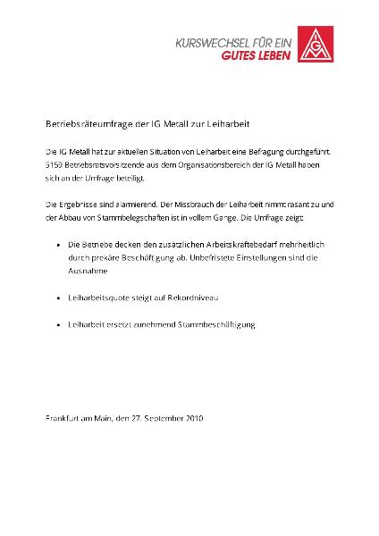 Betriebsräteumfrage der IG Metall zur Leiharbeit