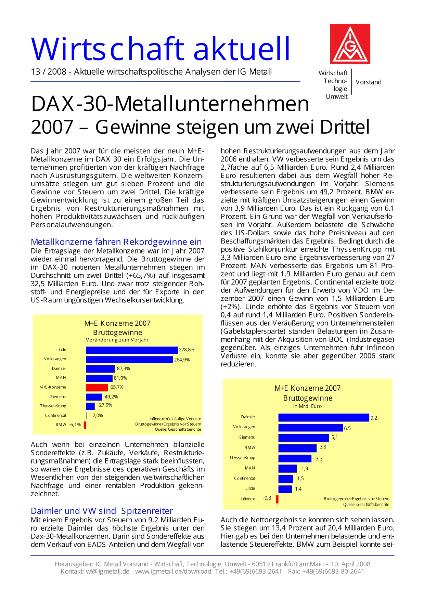 Wirtschaft aktuell 13/2008: DAX-30-Metallunternehmen - Gewinne steigen um zwei Drittel