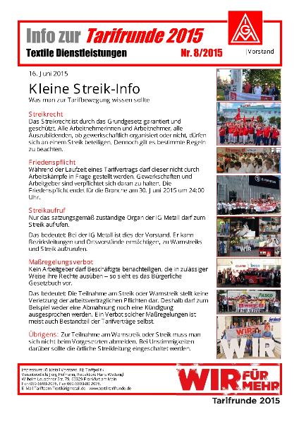 Kleine Streik-Info. Was man zur Tarifbewegung wissen sollte, Info zur Tarifrunde 2015 Textile Dienstleistungen Nr. 8/2015