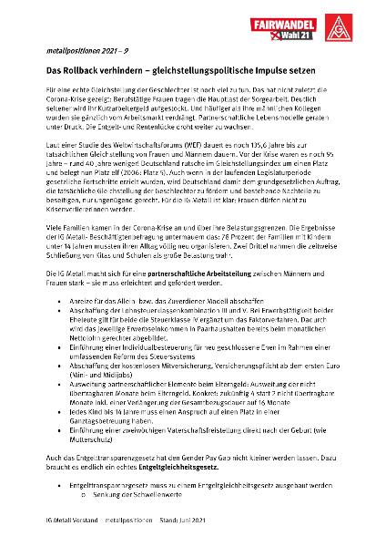 metallpositionen 2021 - 9: Das Rollback verhindern – gleichstellungspolitische Impulse setzen