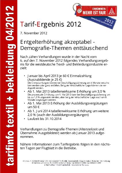 Tarifergebnis 2012: Entgelterhöhung akzeptabel - Demografie-Themen enttäuschend, tarifinfo textil + bekleidung 04/2012
