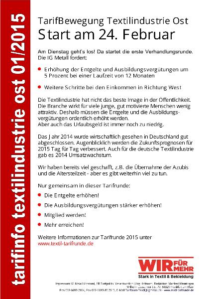 TarifBewegung Textilindustrie Ost: Start am 24. Februar, Tarifinfo Textilindustrie Ost 01/2015