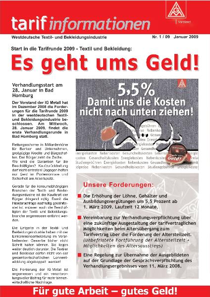 Es geht um's Geld! - Start in die Tarifrunde Textil und Bekleidung, Tarifinformationen Westdeutsche Textil- und Bekleidungsindustrie 01/2009