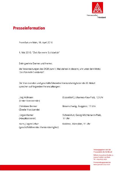 Presseinformation zum 1. Mai 2016, Veranstaltungsorte mit den Vorständen