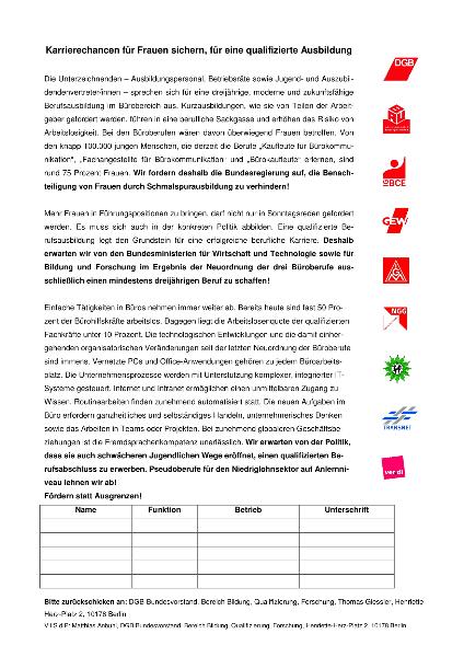 Karrierechancen für Frauen sichern, für eine qualifizierte Ausbildung, Unterschriftenaktion des DGB