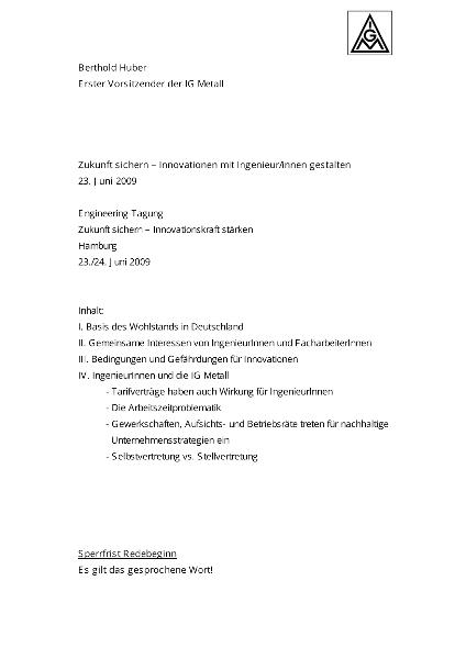 Berthold Huber: Zukunft sichern - Innovationen mit Ingenieur/innen gestalten, Hamburg, 23. Juni 2009