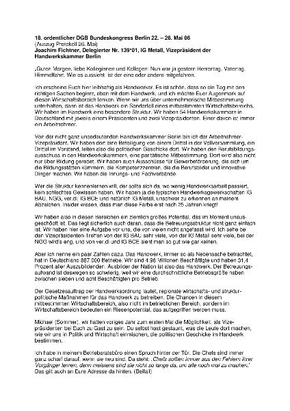 Joachim Fichtner, Vize der Kandwerkskammer Berlin auf dem 18. ordentlichen DGB-Bundeskongress vom 22. - 26. Mai 2006
