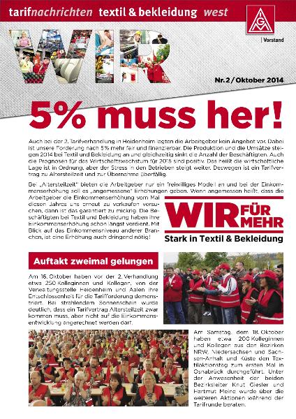 5 % muss her, Tarifnachrichten Textil & Bekleidung West Nr. 2/ Oktober 2014