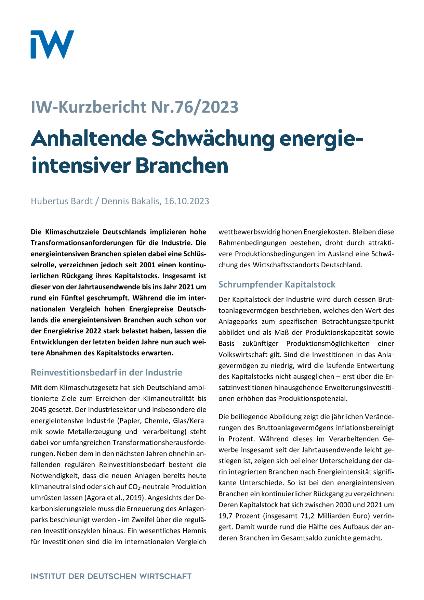 Anhaltende Schwächung energieintensiver Branchen - IW Kurzbericht Nr.76/2023