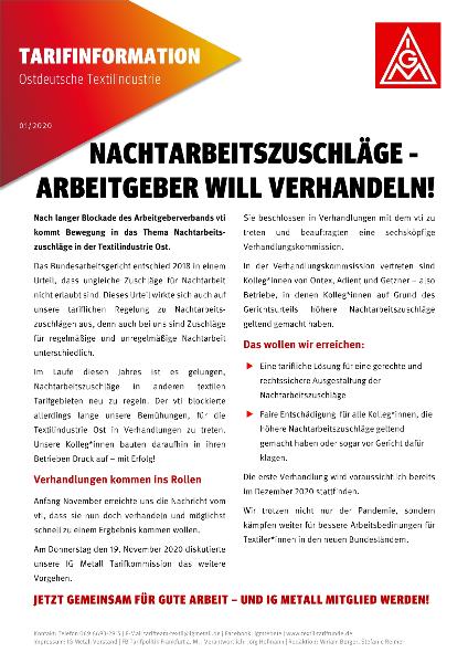 Nachtarbeitszuschläge - Arbeitgeber will verhandeln!, Tarifinformationen Ostdeutsche Textilindustrie 01/2020