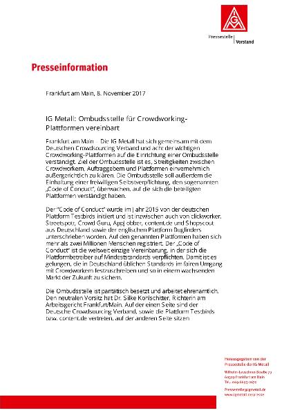 Presseinformation: IG Metall: Ombundsstelle für Crowdworking-Plattformen vereinbart