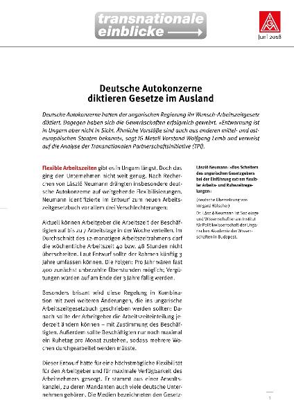László Neumann: Das Scheitern des ungarischen Gesetzgebers bei der Einführung extrem flexibler Arbeits- und Ruhezeitregelungen | Deutsche Autokonzerne diktieren Gesetze im Ausland